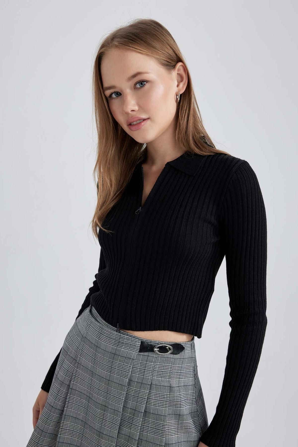 DeFacto-Regular Fit Polo Neck Knitwear Cardigan - Coool X4926az23au 4