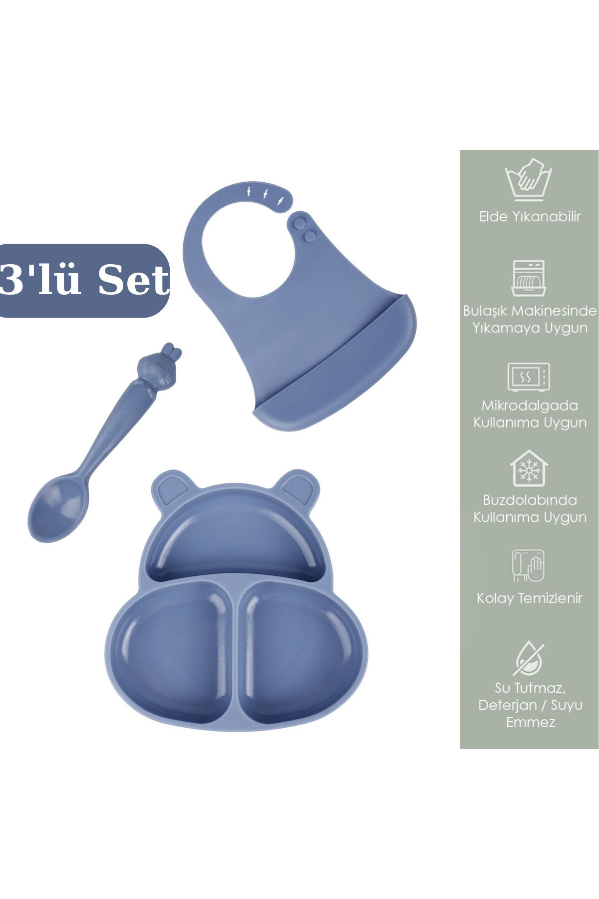PONÇİK BEBEK 3'lü Silikon Mama Seti Beslenme Seti - Silikon Mama Önlüğü, Vakum Tabanlı Mama Tabağı,mama Kaşığı