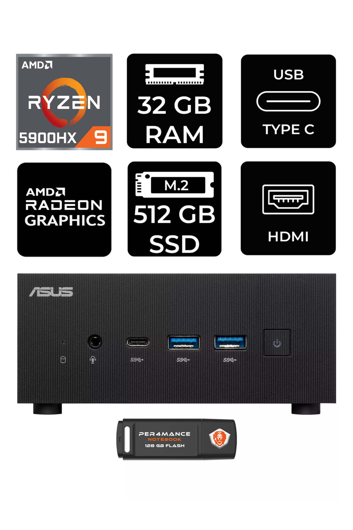 ASUS ExpertCenter PN52 R9-5900HX 32GB RAM 512GB SSD FDOS MİNİ