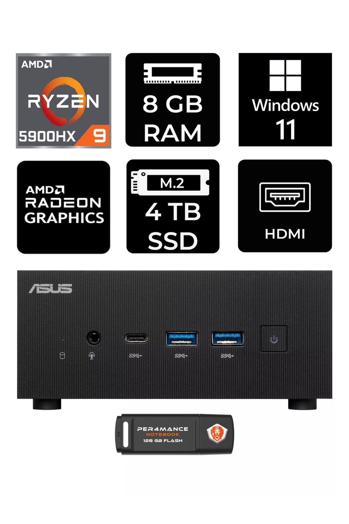 ExpertCenter PN52 R9-5900HX 8GB RAM 4TB SSD W11PRO MİNİ MASAÜSTÜ PC & PER4 BELLEK