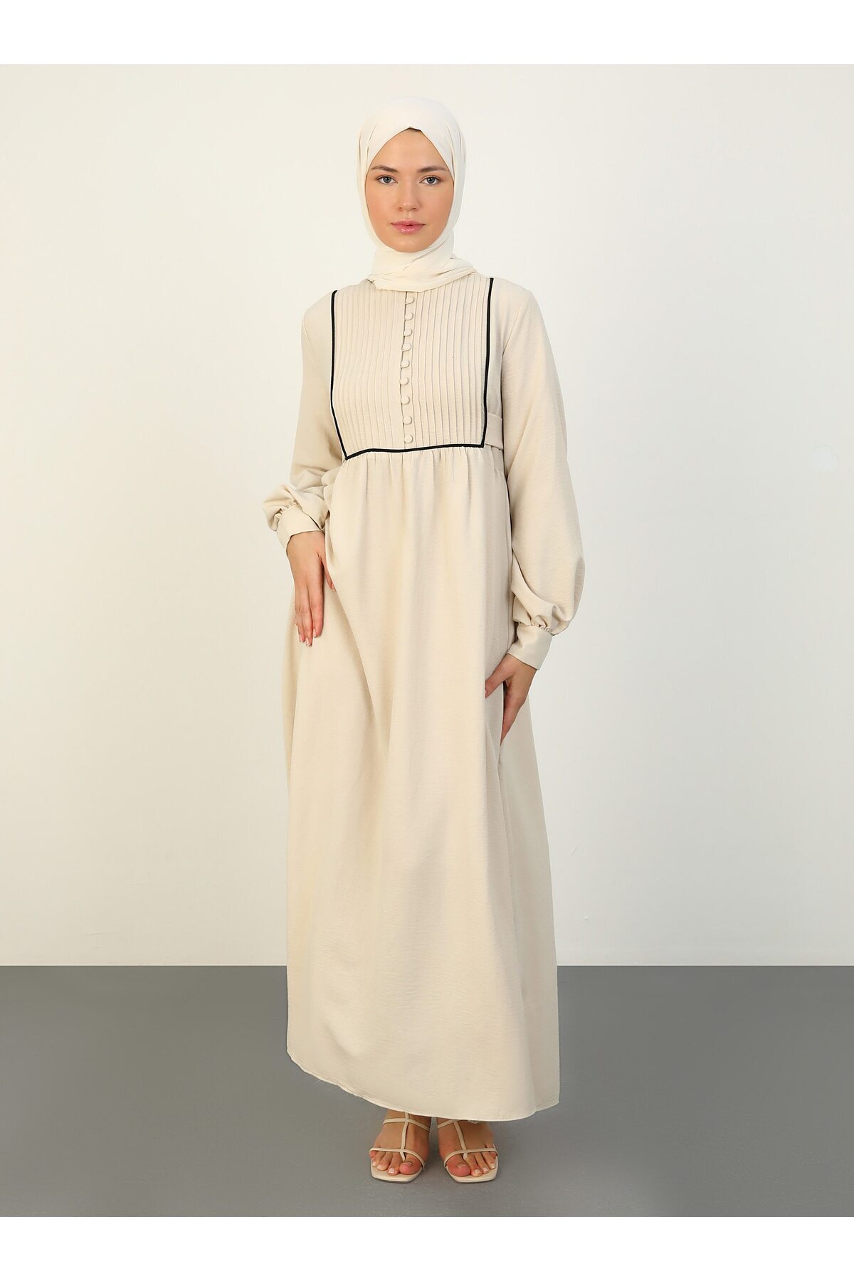 Refka Stone Colored Brit Buttoned Ribbed Detailed Refka Casual Hijab Dress