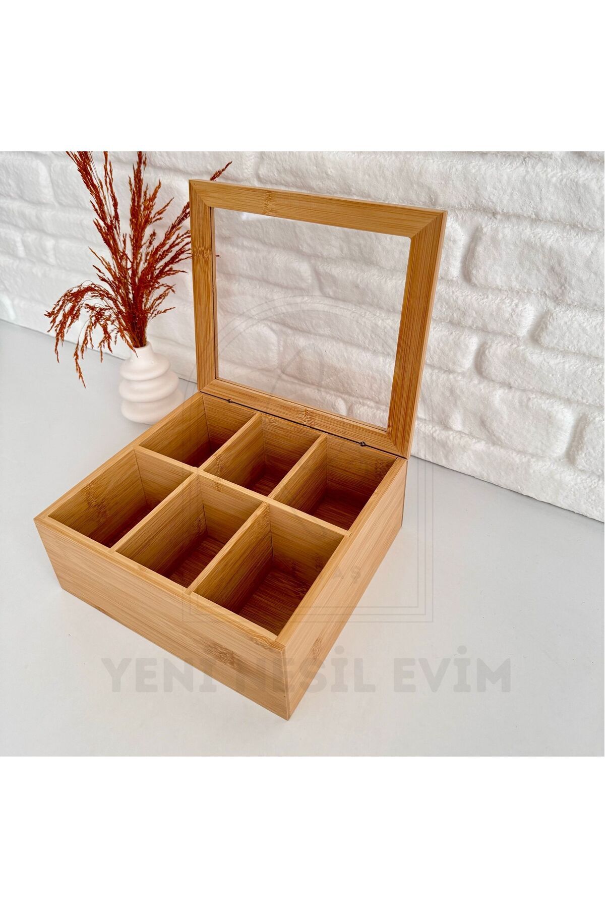 Ahşap Bambu 6 Bölmeli Kapaklı Çok Amaçlı Çay/toka/takı Kutusu Organizer 24x16x7cm.