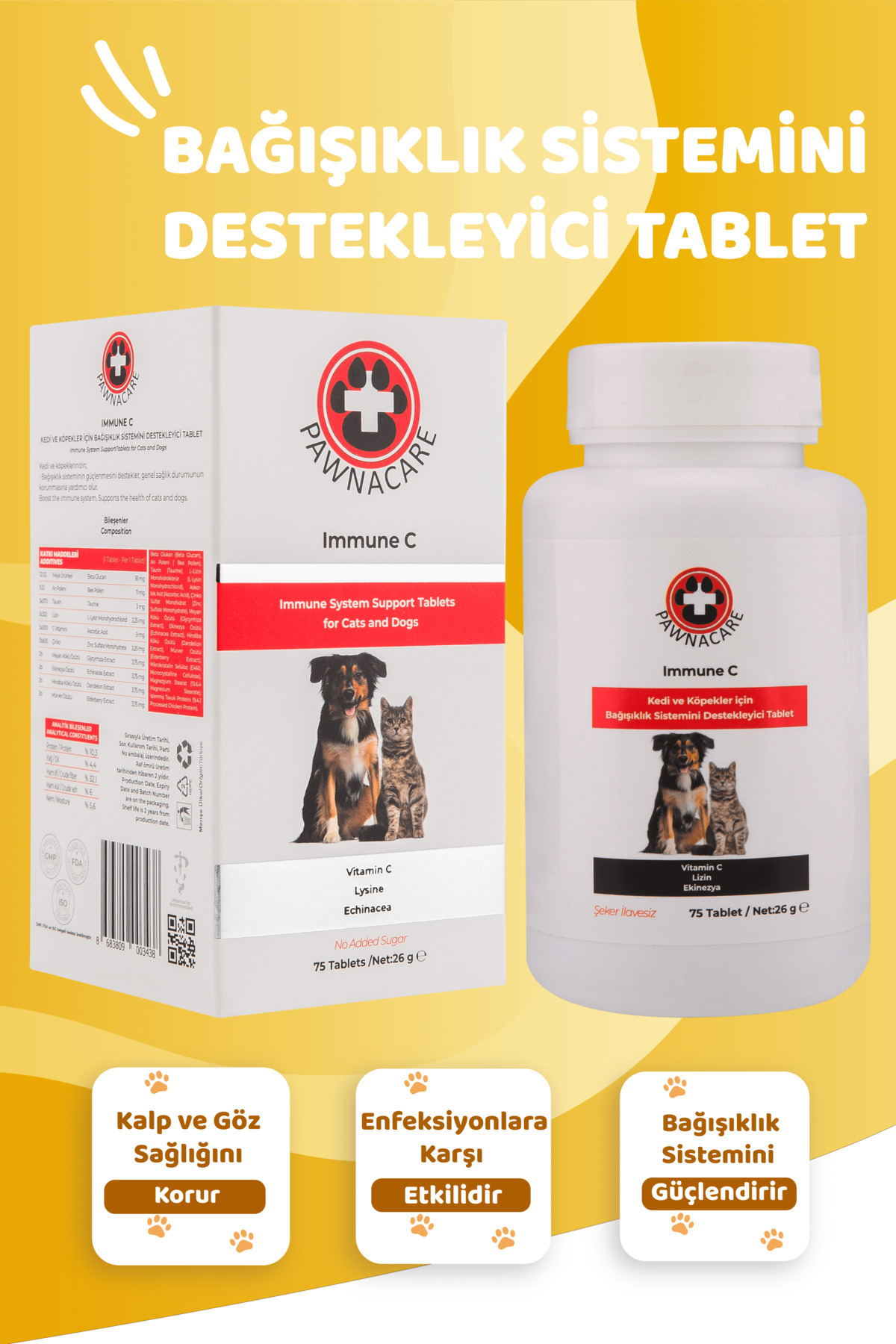PAWNACARE Immune C Kedi Ve Köpekler Için Bağışıklık Sistemini Destekleyici Tablet 75 Tablet