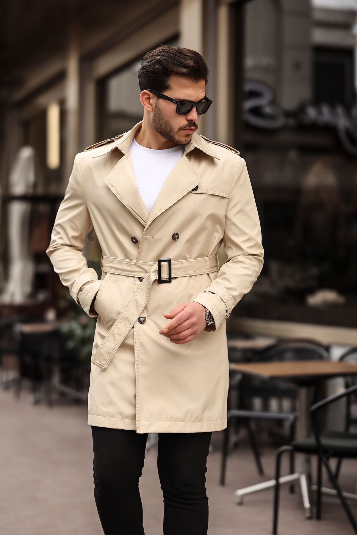 MEECY-BeiGe Men's TRench Coat - Belted, WateR and WindpRoof 3