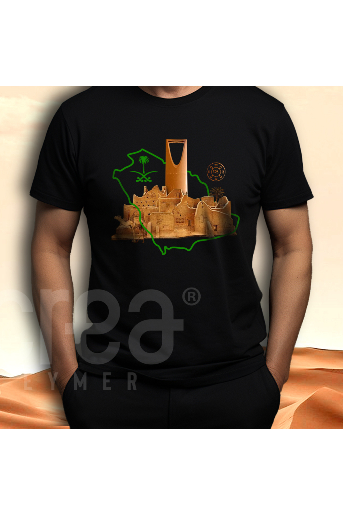 Crea Eymer Wear Saudi Arabia Desert Design Printed Crew Neck 100% Cotton T-Shirt Black