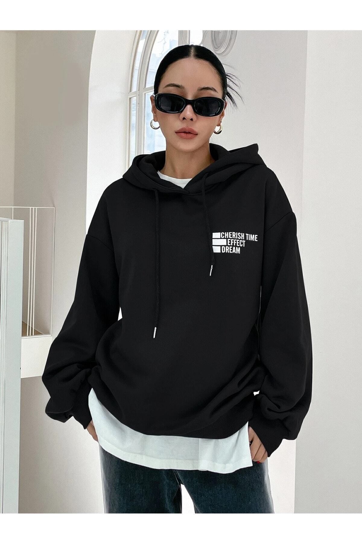 Pink Sky Hanorac Oversize Unisex Negru De Mărime Mare Unisex - XS