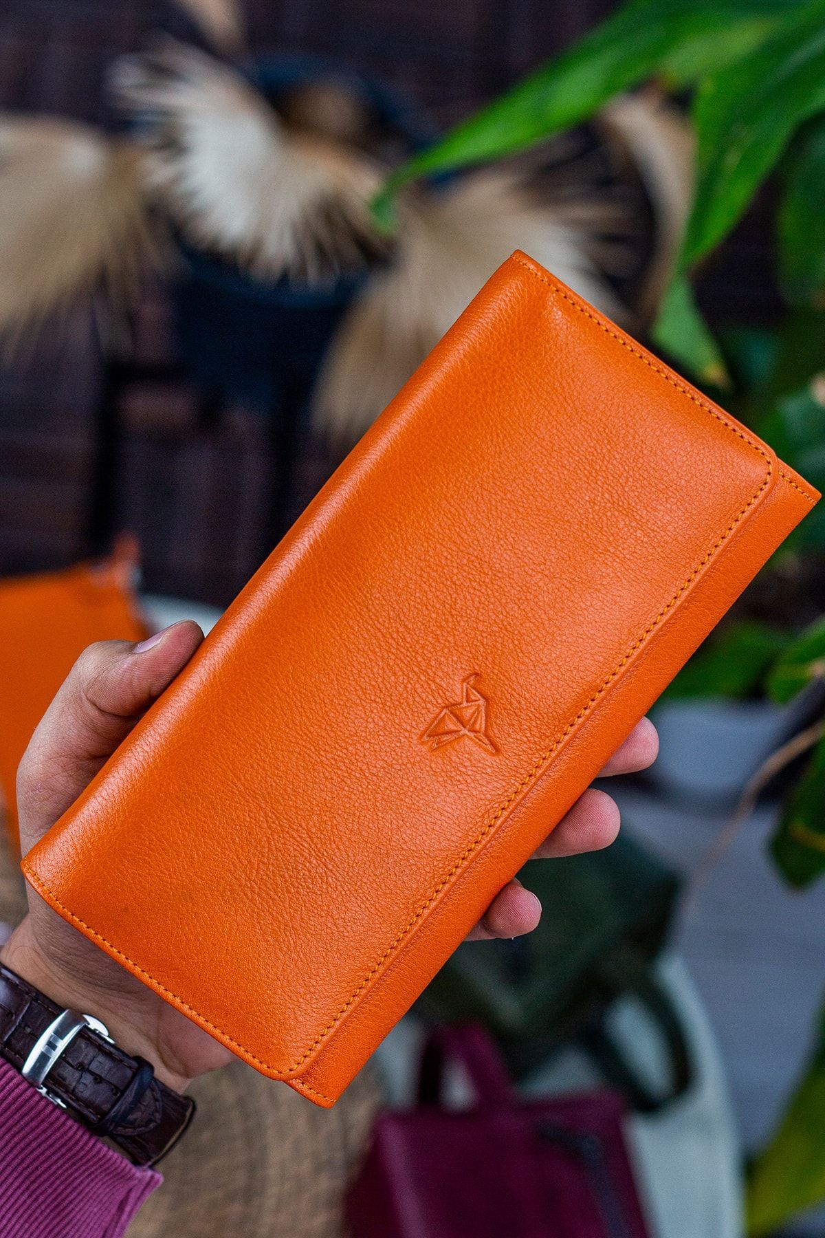 Garbalia Angel Hakiki Deri Cep Telefonu Bölmeli Turuncu Kadın Cüzdanı