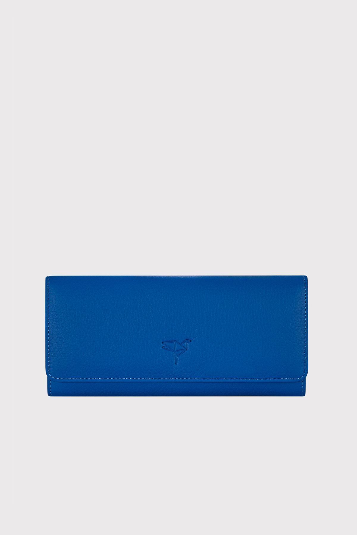 Angel Genuine Leather Cell Phone Compartment Saxe Blue Wallet for Women