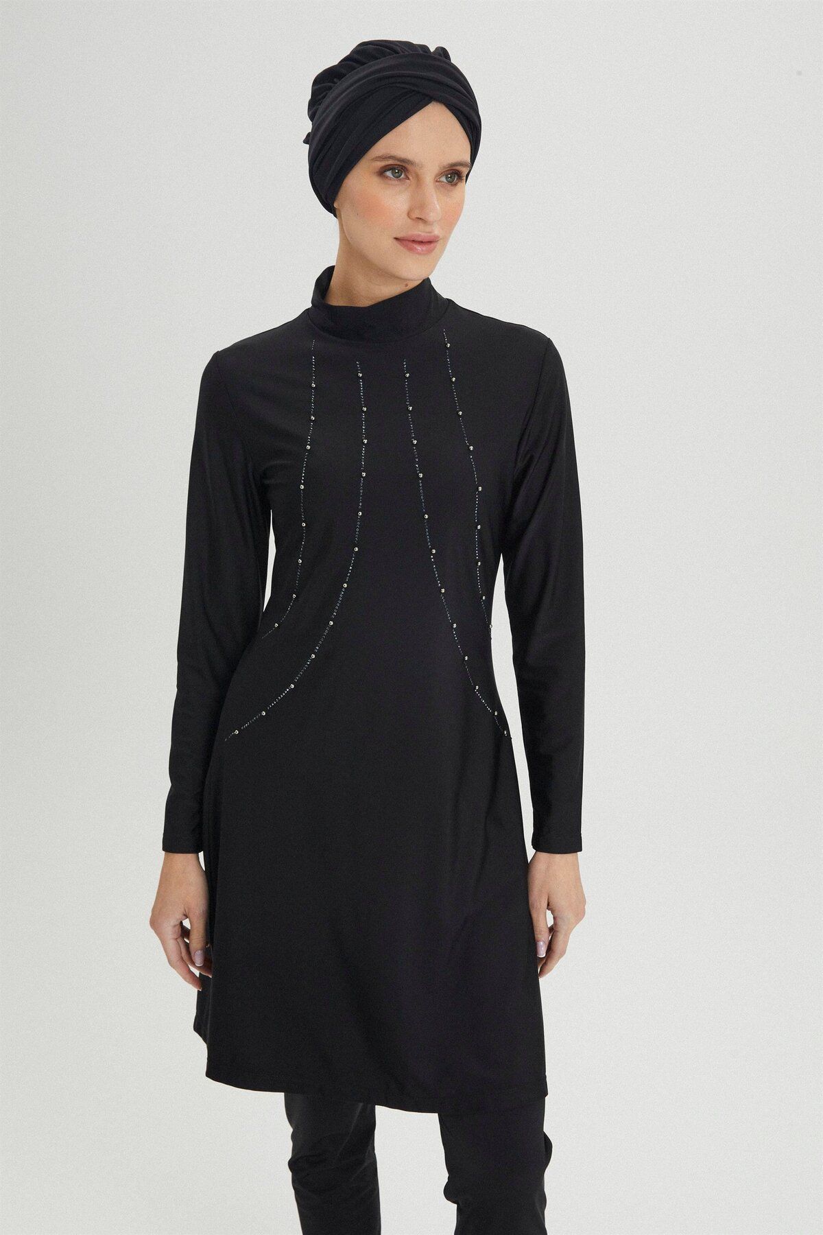 Zühre-Full Covered Black Swimsuit - Embroidered Detailed Zm-0015 6