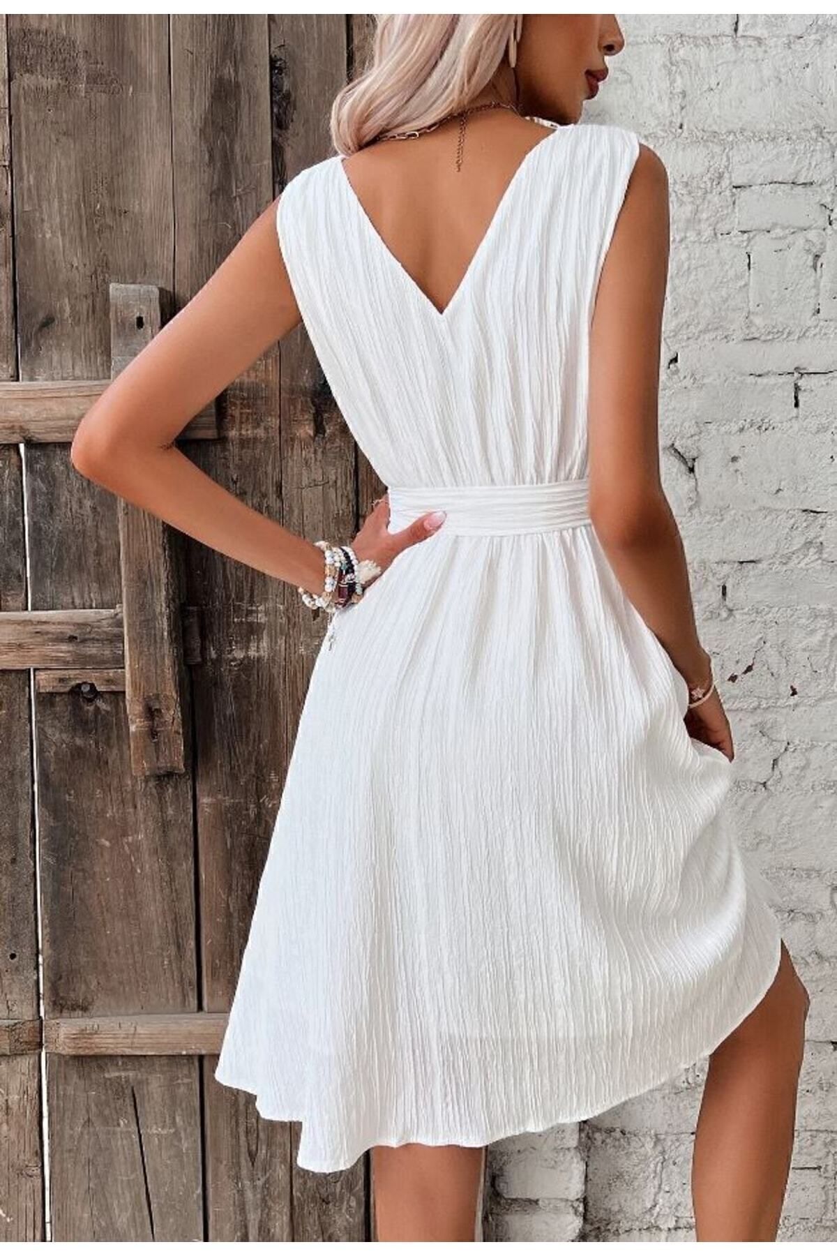 ASIA GİYİM-Women's Belted White A-line Dress 3