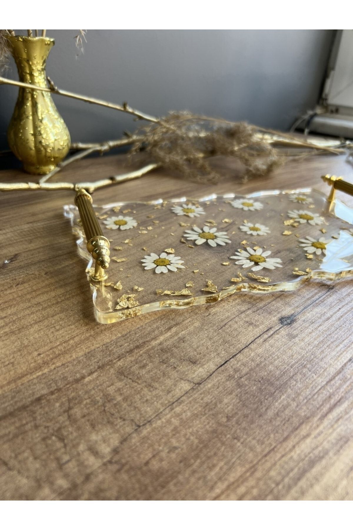 Sultan Tasarım-Gold Leaf - Daisy Rectangular Wavy Patterned Epoxy Tray for Two 2