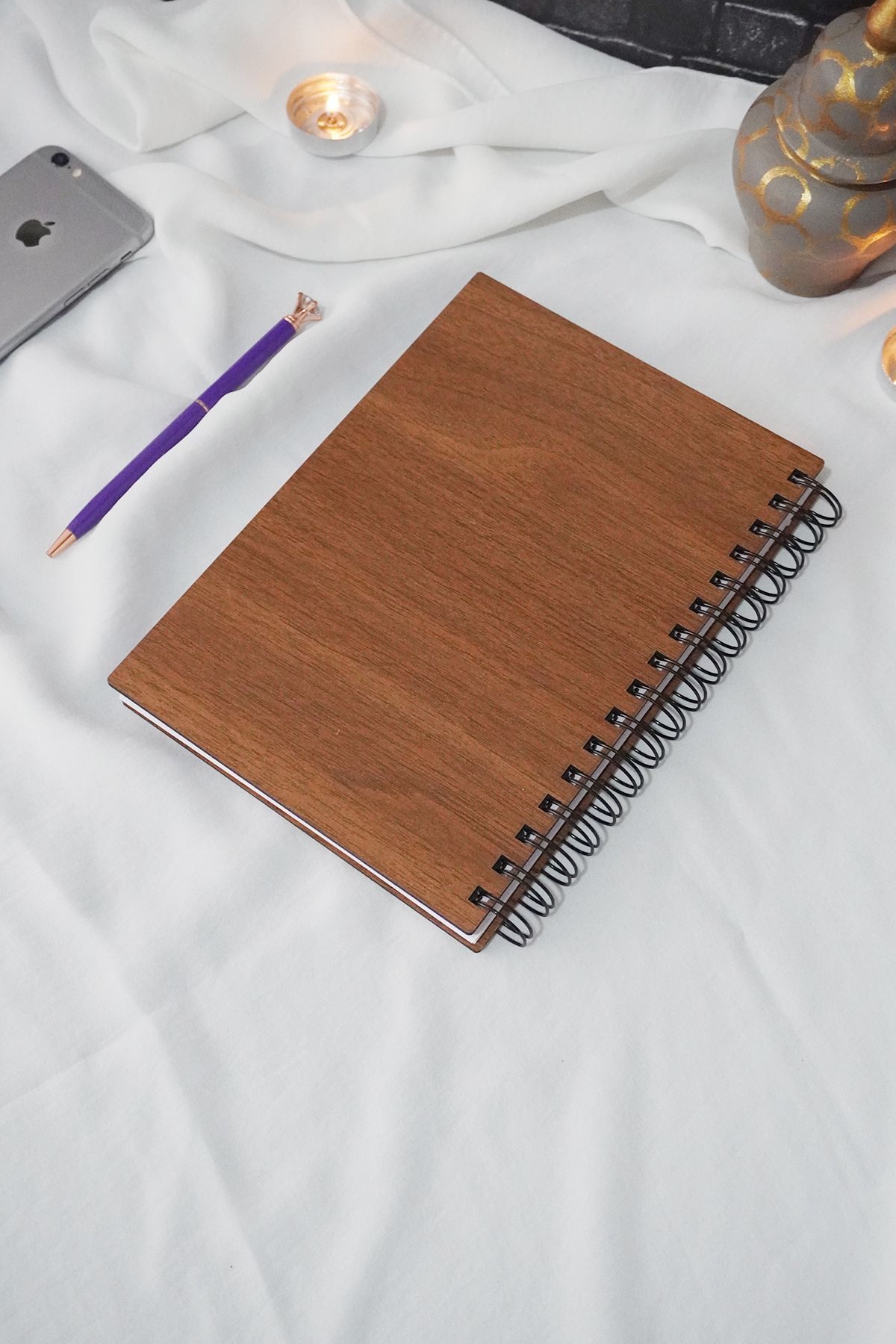 markcat-A5 Spiraled Feather Patterned Wooden Notebook - Picture Notebook - Unlined Gift Notebook 4