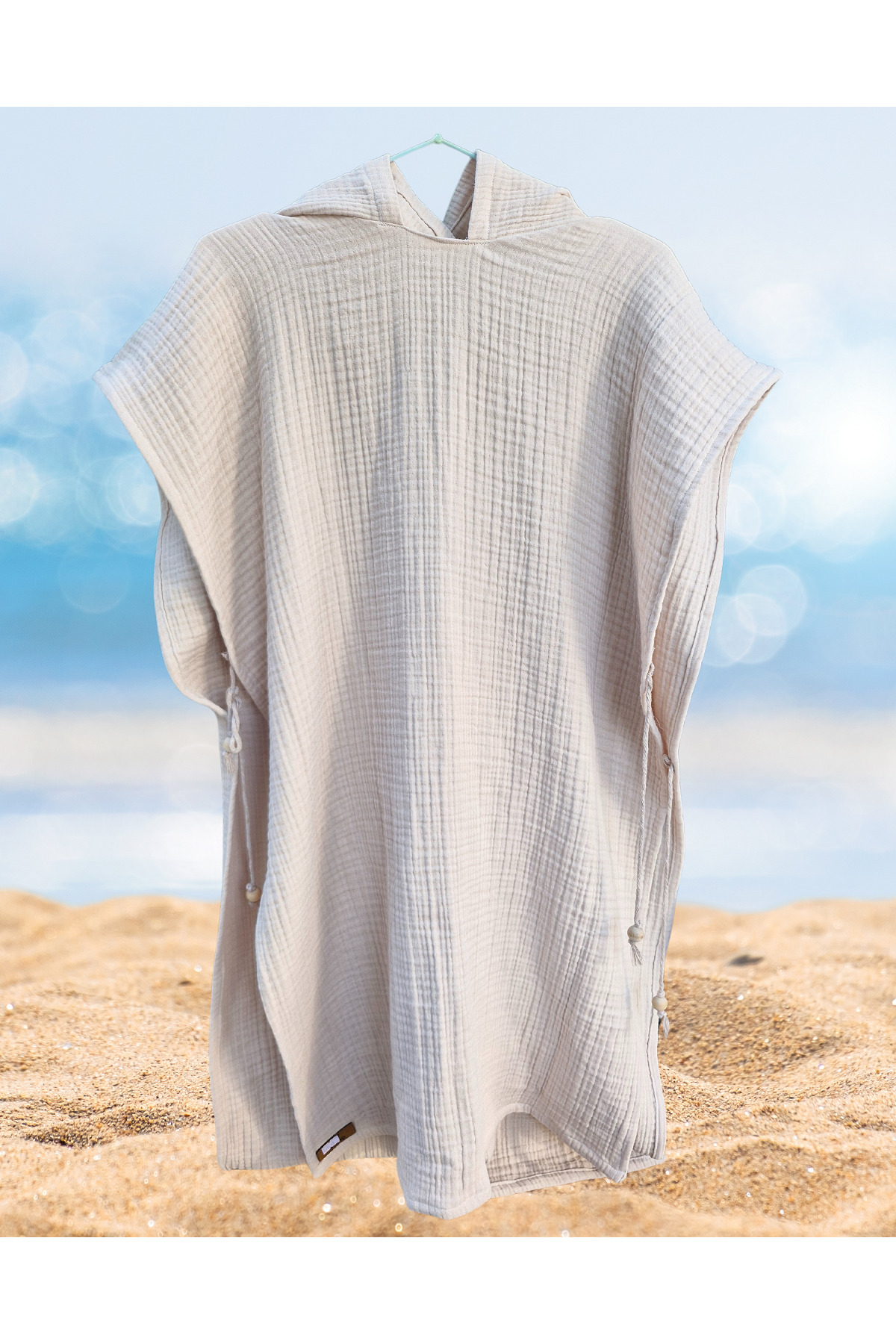 Naturalp 4 kat Organik Müslin Kapşonlu Kadın Panço Bornoz Deniz Plaj Havuz Havlu  Bej Tek Beden