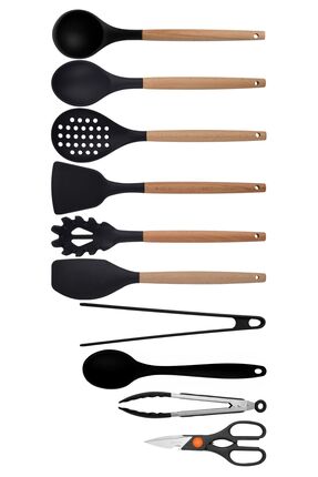 Kitchen Design Lab Siyah Bambu Silikon - Kepçe, Kaşık, Kevgir, Makarna, 2 Spa...