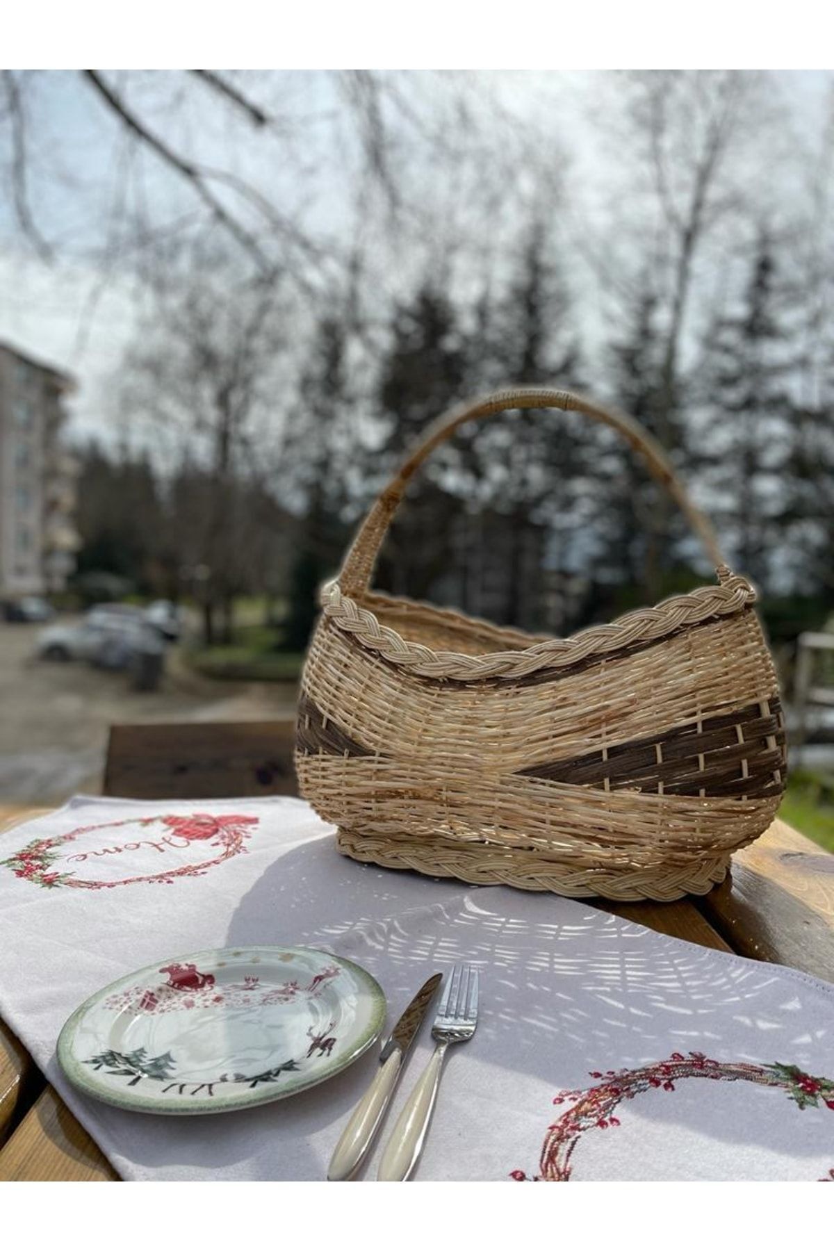 Çift Renk Gondol Örgülü Estetik Piknik Sepeti Büyük Boy 3