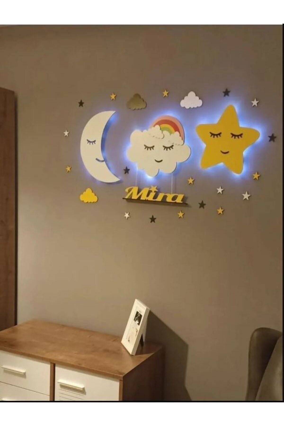 Çocuk Odası Dekoratif Ahşap Ay Gökkuşağı Bulut Yıldız Gece Lambası Ledli Aydınlatma