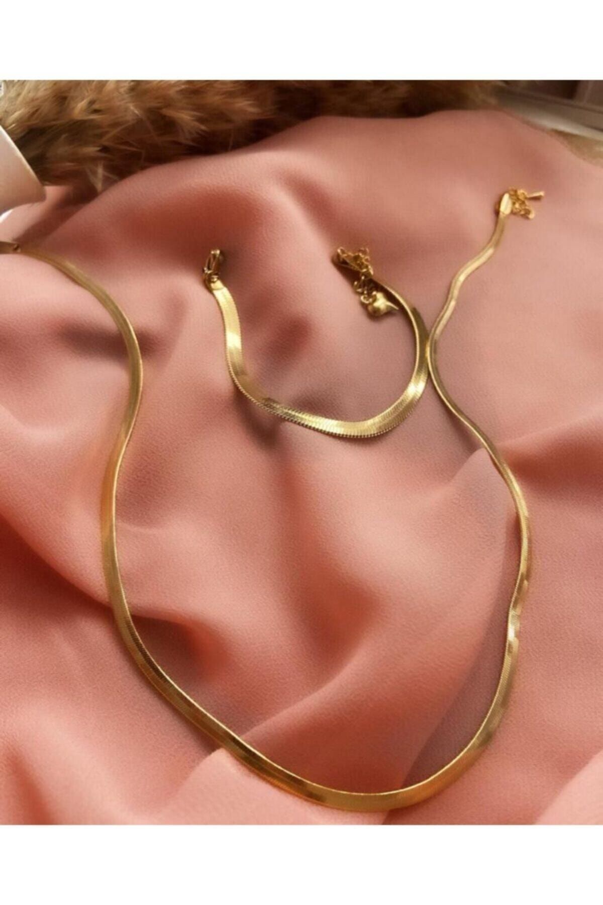 Midyat Azra Telkari Kadın Altın Kaplama Yassı Zincir Bileklik Gümüş Takım