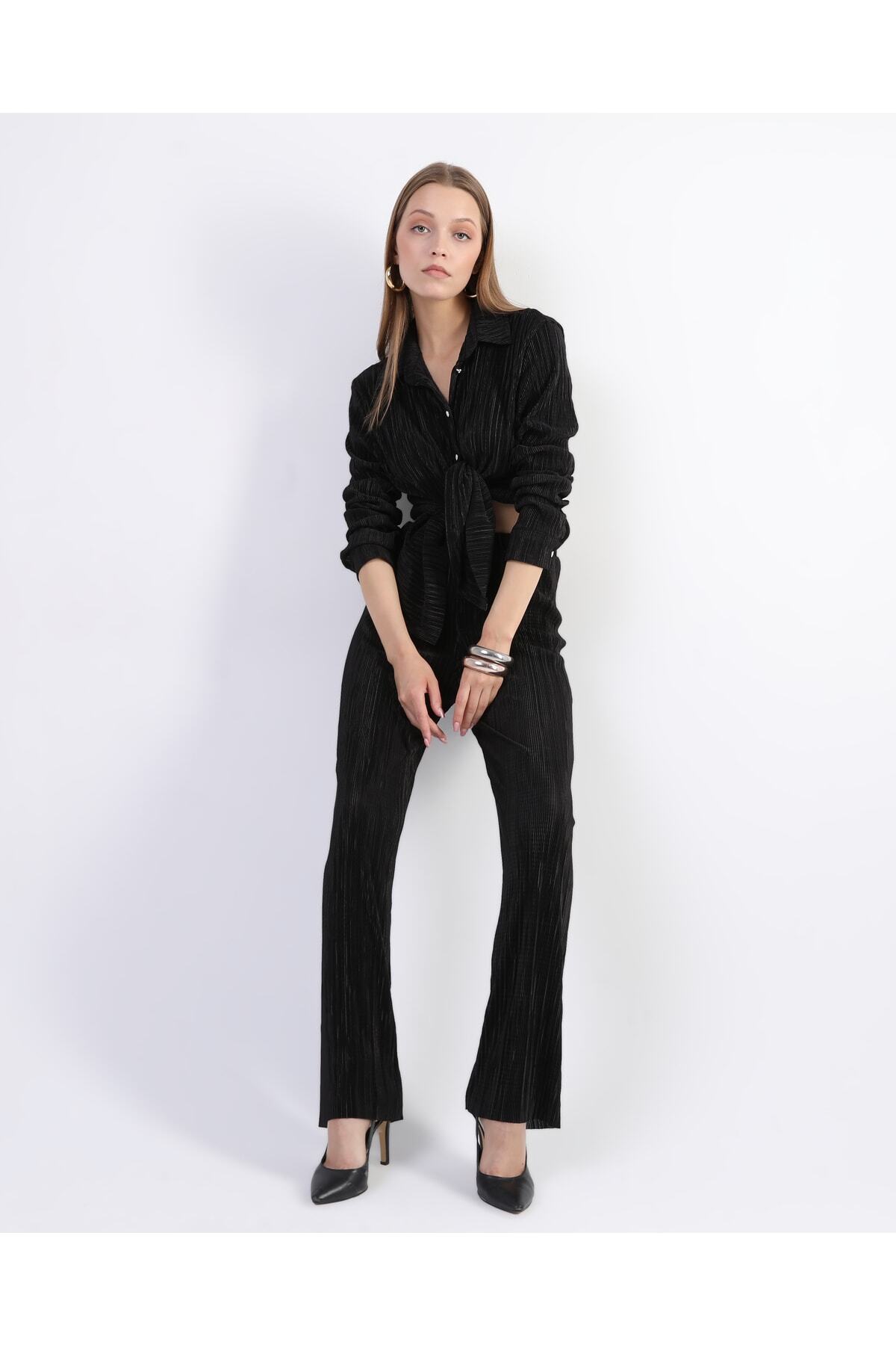 Damen Schwarz Faltenhose Blusen Set - Görsel 7