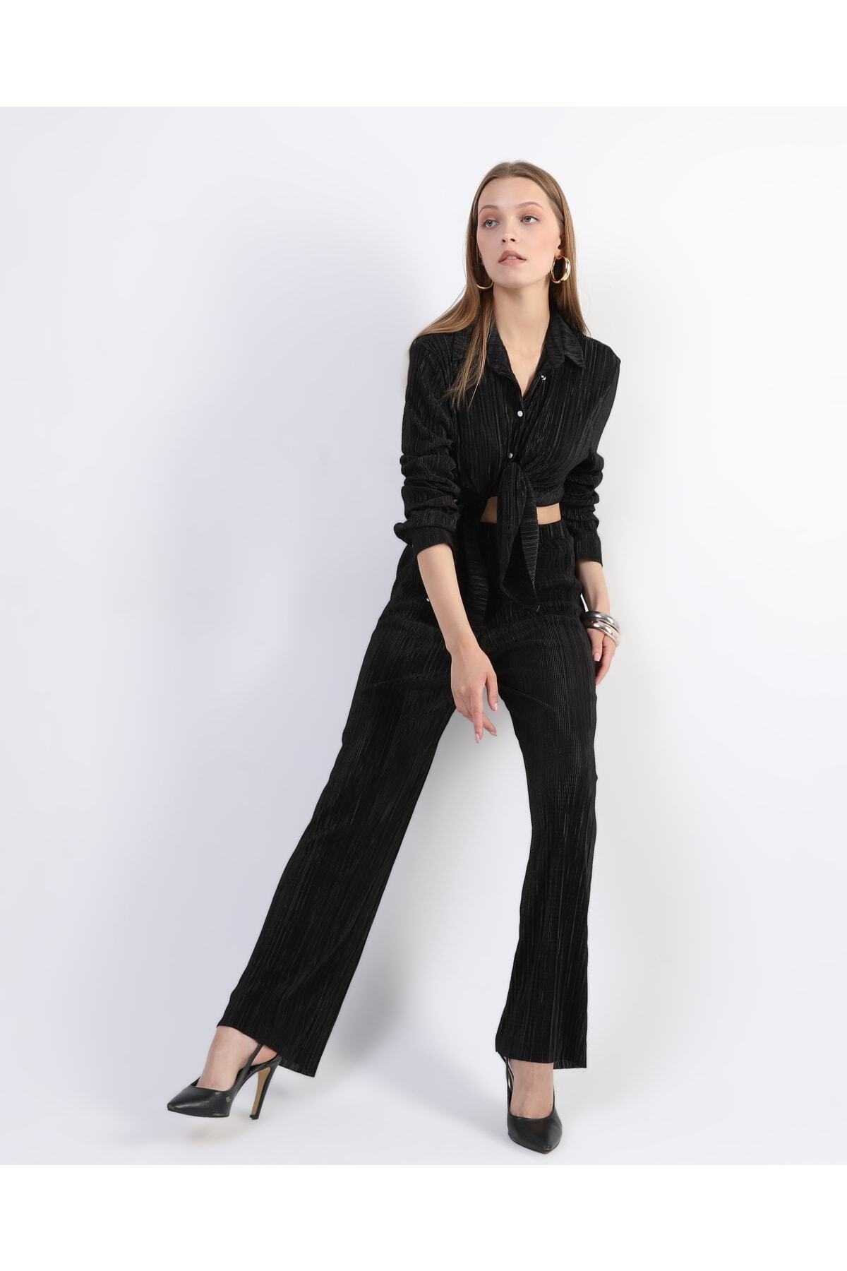 Damen Schwarz Faltenhose Blusen Set - Görsel 8
