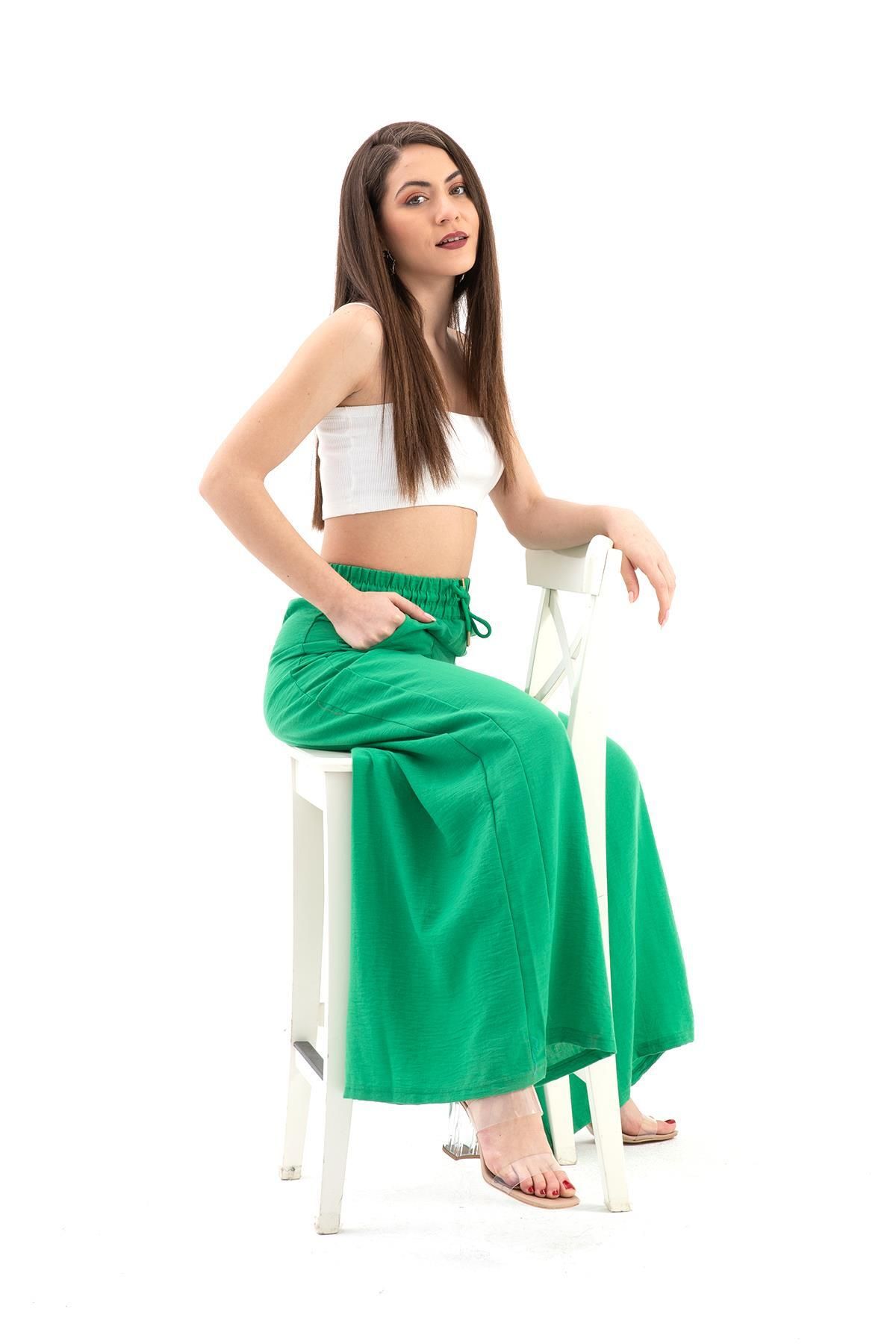 YONCA Premium-Green Linen Women's Trousers - Wide Belt and Wide Leg 4
