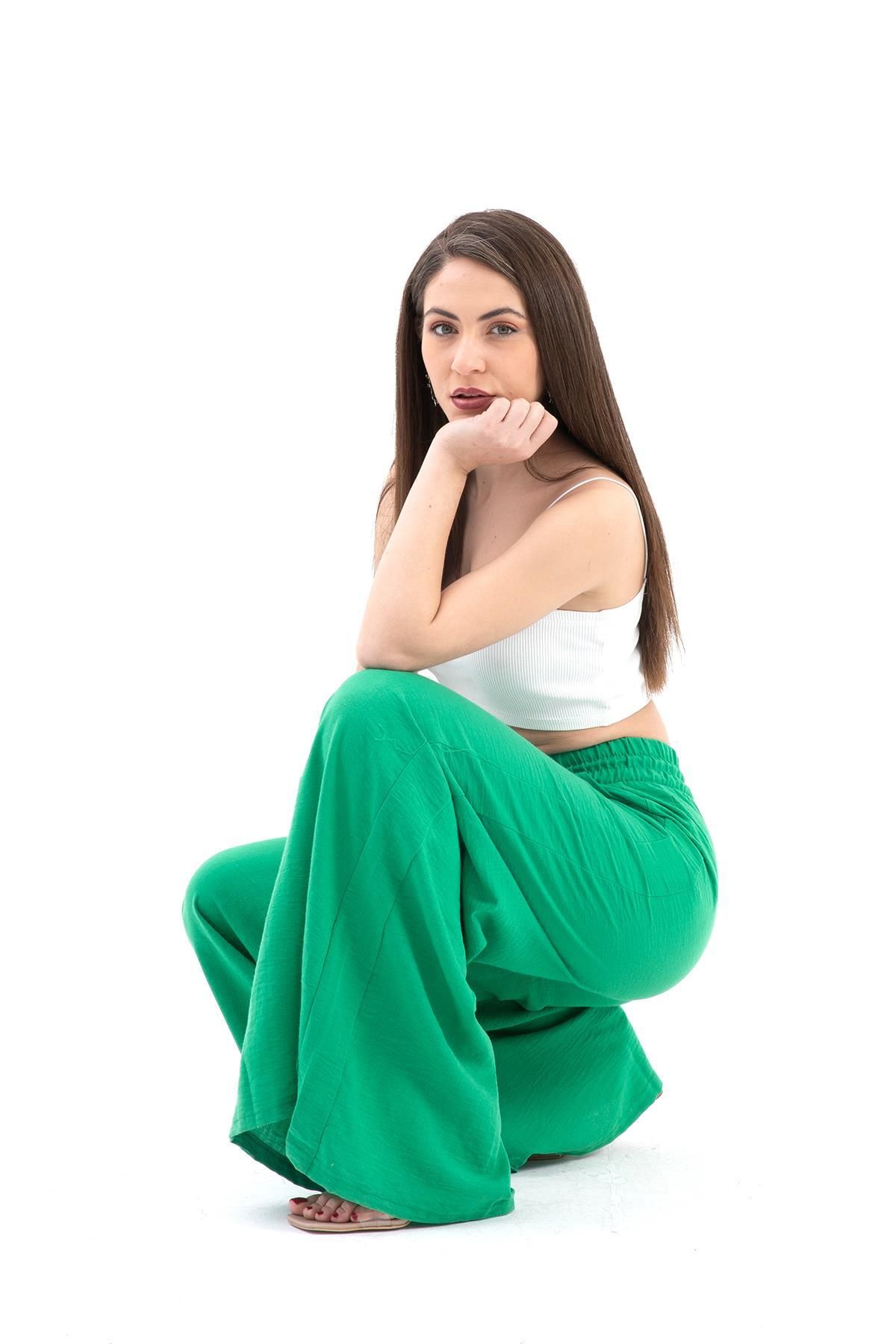 YONCA Premium-Green Linen Women's Trousers - Wide Belt and Wide Leg 2