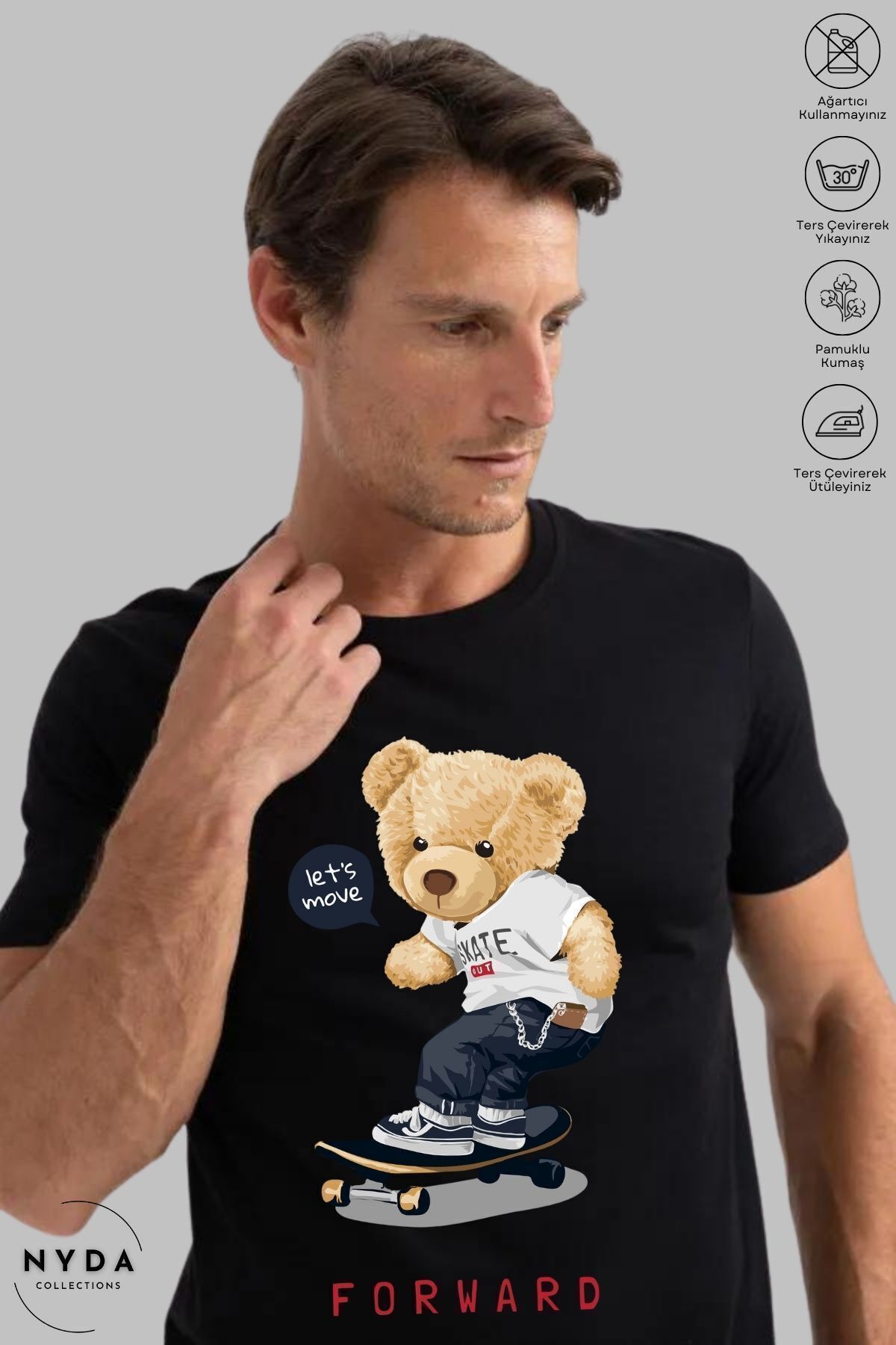 Nyda Collections-Tricou cu mânecă scurtă unisex cu ursuleț de pluș imprimat din bumbac 2