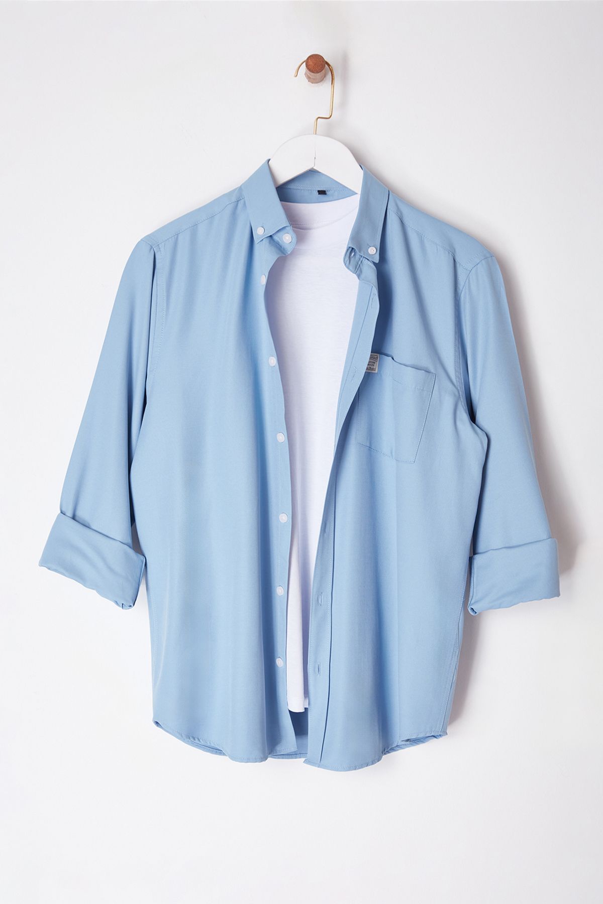Trendyol Collection-Indigo Regular Fit - Cămașă cu autocolante ușor de călcat TMNAW25GO00011 6