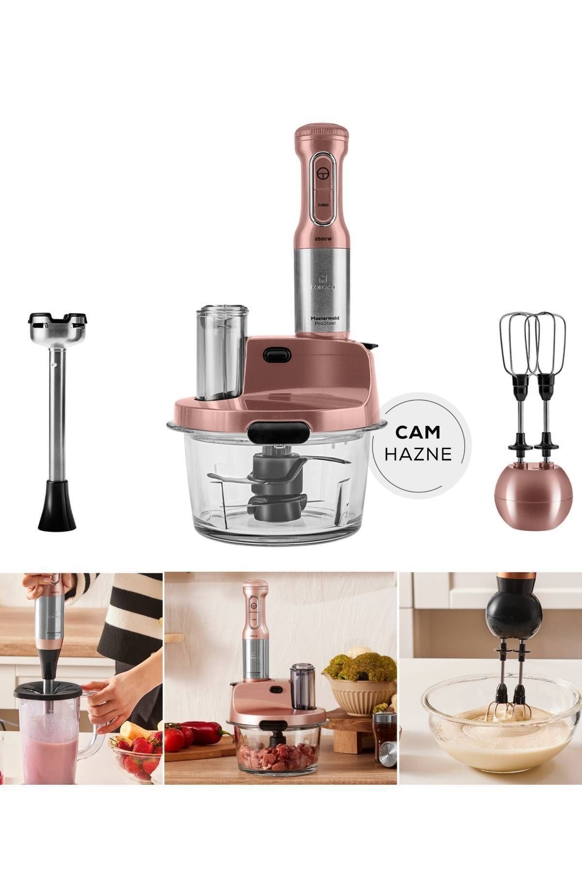 Karaca-Mastermaid Prosteel Küchenmaschine aus Glas, lange Standfüße, 6 Klingen, 2500 W, Roségold 5