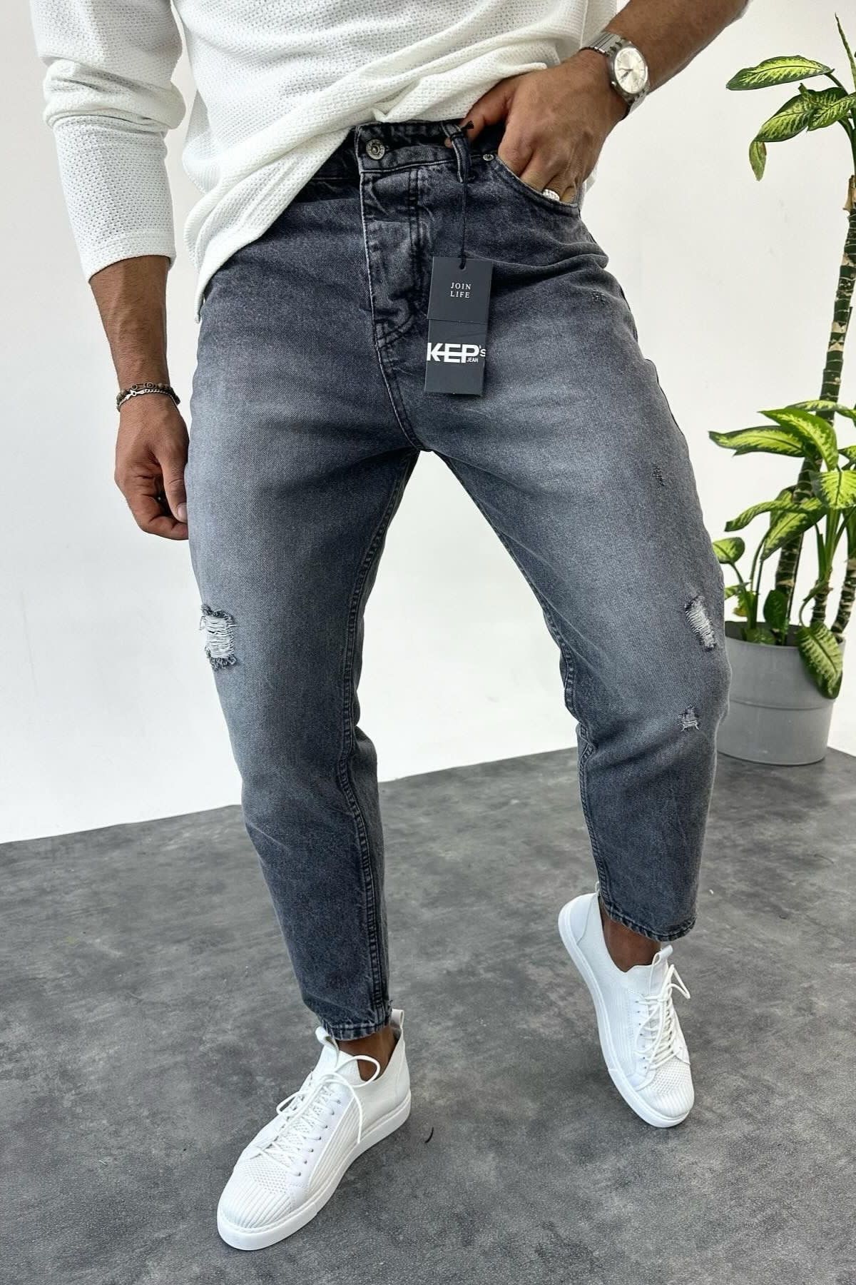 MADZEYMODA-Boyfriend pánské roztrhané detailní kouřové džíny Jeans 2
