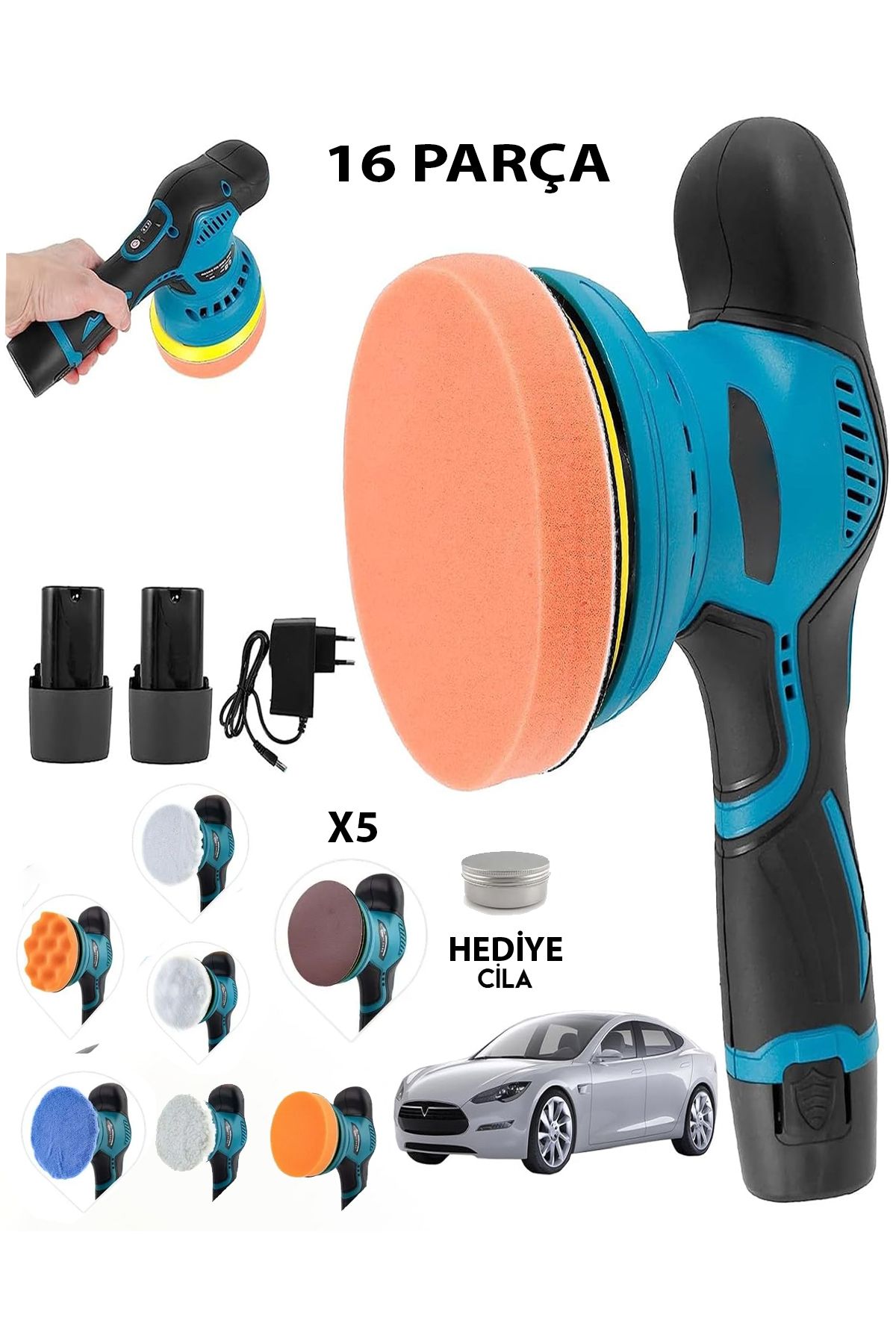 MOONSHOP Japan 58V 10Ah Çift Akülü 8 Kademe Devir Ayarlı 16 Parça Pasta Cila Polisaj Ve Zımpara Makinesi