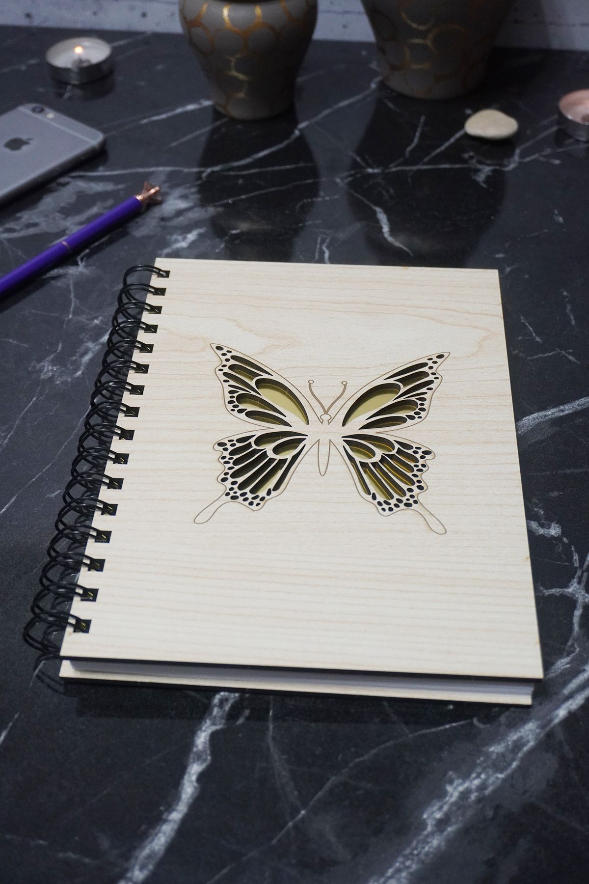 markcat-A5 Butterfly Patterned Wooden Notebook - Diary and Agenda Notebook, Unlined 3