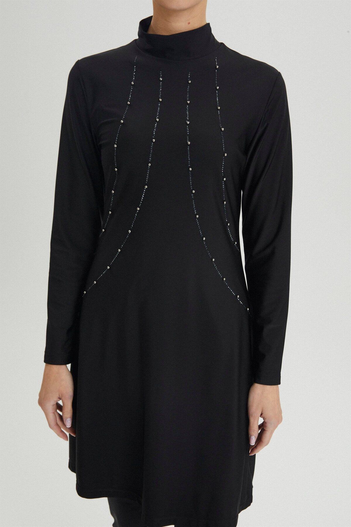 Zühre-Full Covered Black Swimsuit - Embroidered Detailed Zm-0015 3