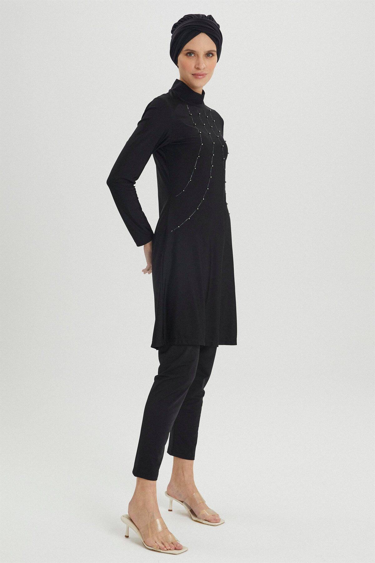 Zühre-Full Covered Black Swimsuit - Embroidered Detailed Zm-0015 5
