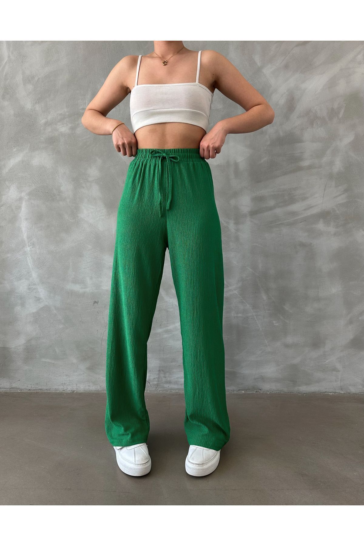 BEJNA-Grüne Palazzo-Hose mit elastischem Bund für Damen 2