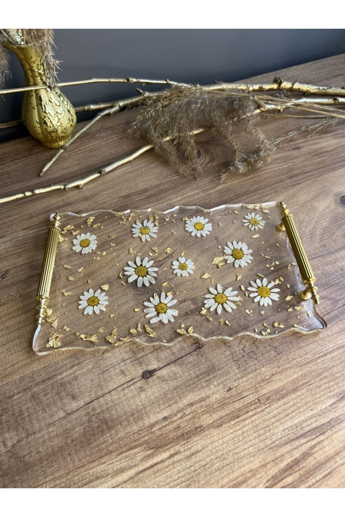 Sultan Tasarım-Gold Leaf - Daisy Rectangular Wavy Patterned Epoxy Tray for Two 1