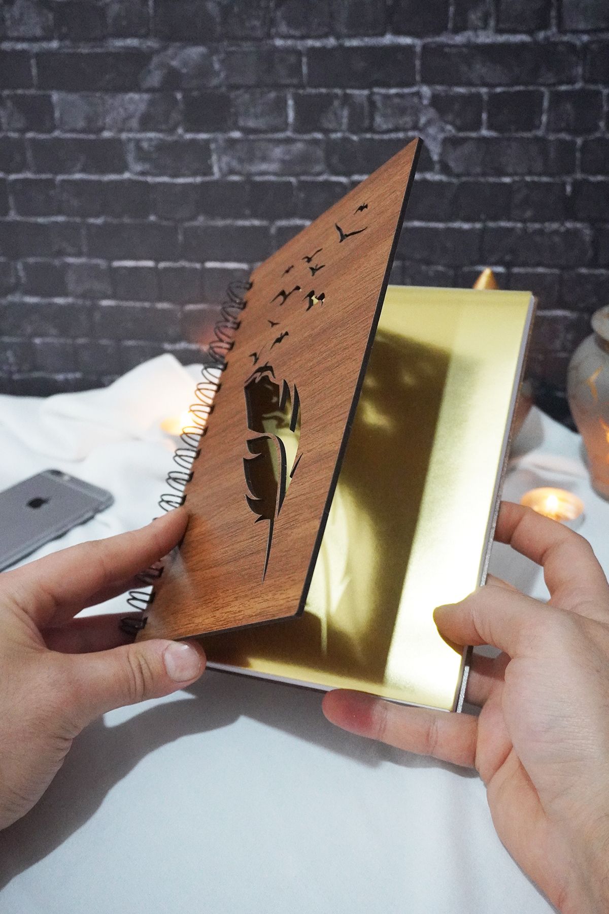 markcat-A5 Spiraled Feather Patterned Wooden Notebook - Picture Notebook - Unlined Gift Notebook 2