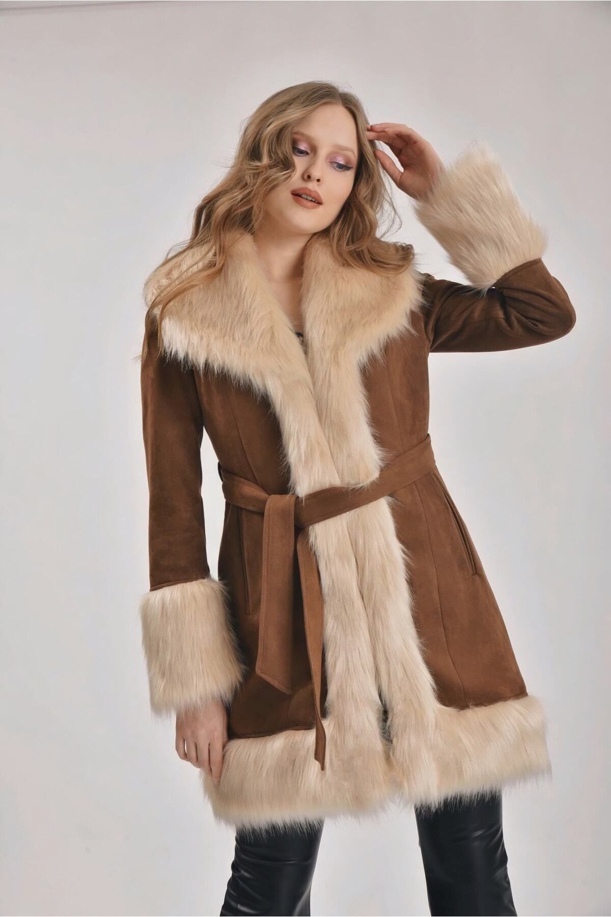 Xtreme Fashion Women s Brown Faux Fur Detailed Belted Scuba Suede Coat