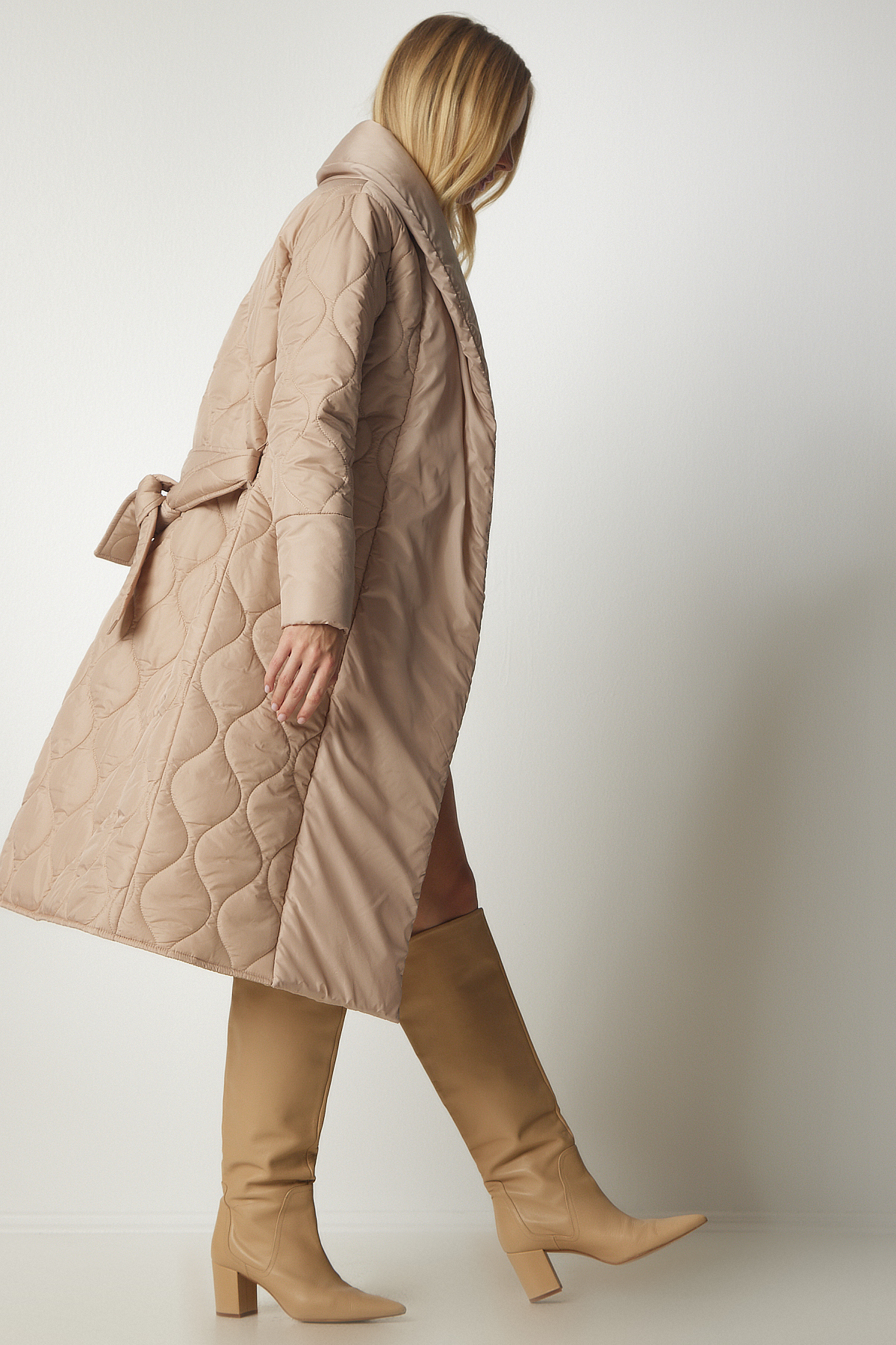Belted Shawl Collar Quilted coat Cream Ldz0010