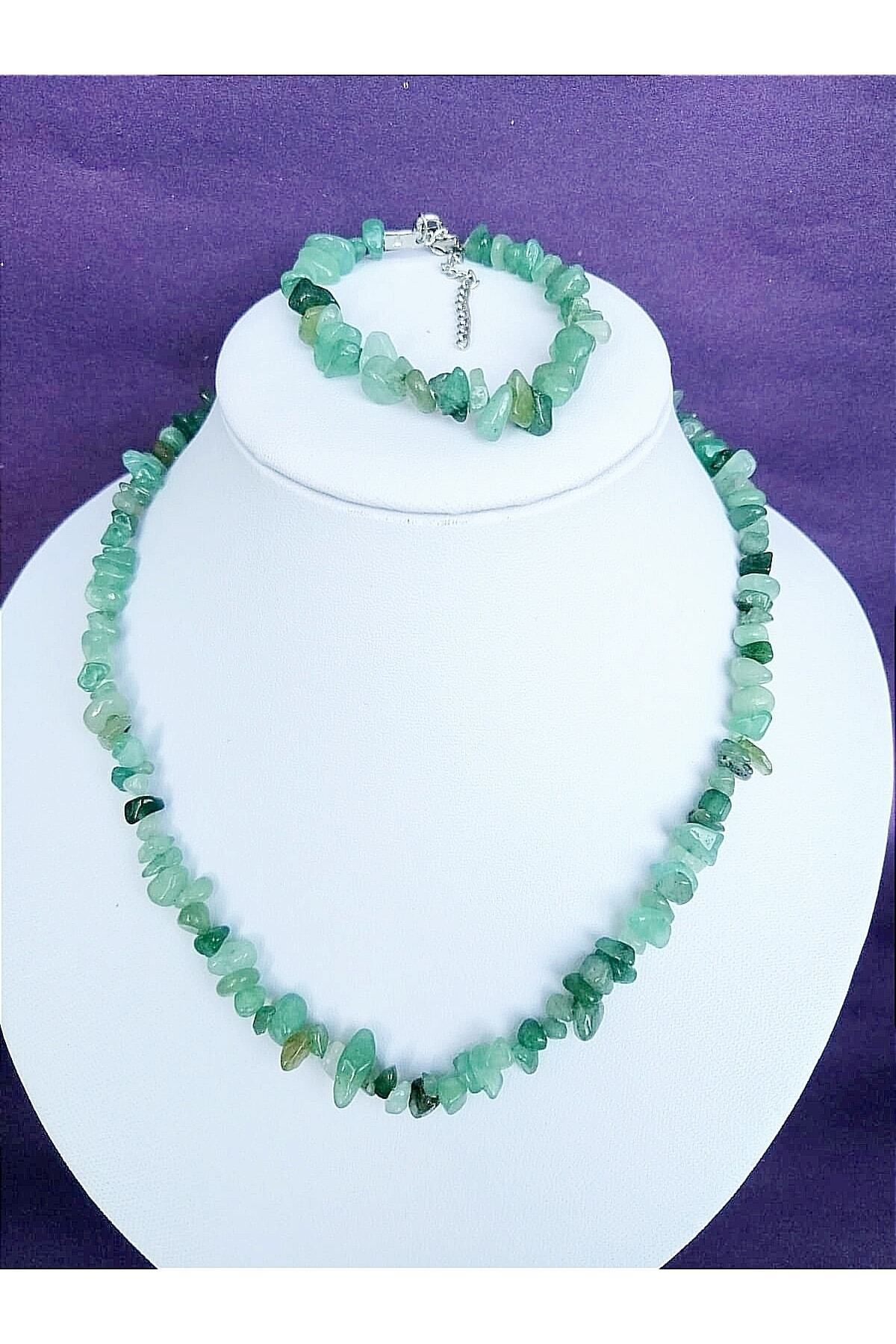 Gena stone Aventurin Kolye Bileklik Set - Doğaltaş Takı - Gerçek Aventurin Kırık Doğaltaş