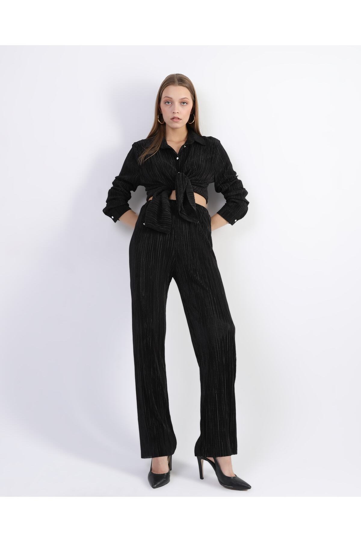 Damen Schwarz Faltenhose Blusen Set - Görsel 5