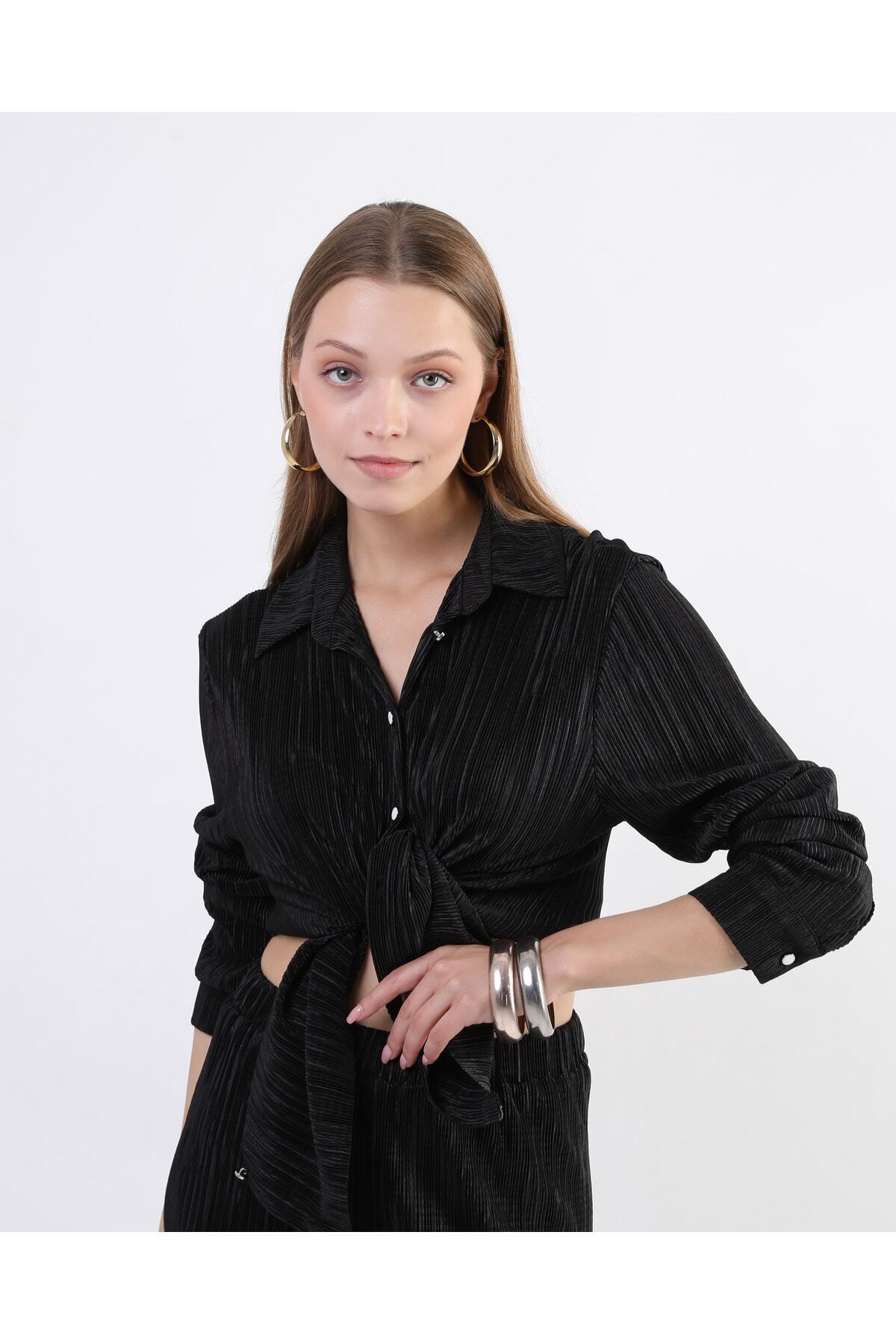 Damen Schwarz Faltenhose Blusen Set - Görsel 2
