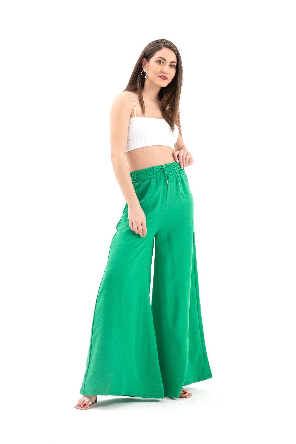 YONCA Premium-Green Linen Women's Trousers - Wide Belt and Wide Leg 3