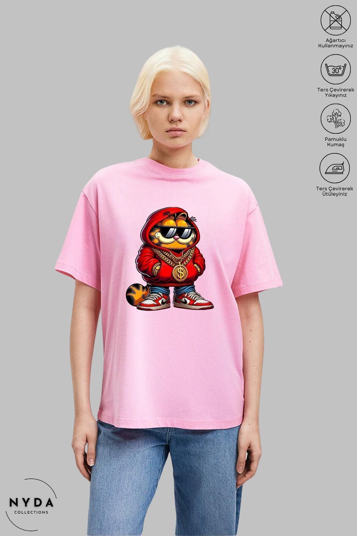 Nyda Collections-Tricou unisex oversize din bumbac cu imprimeu Garfield - Gât crew, colier cu dolari 3