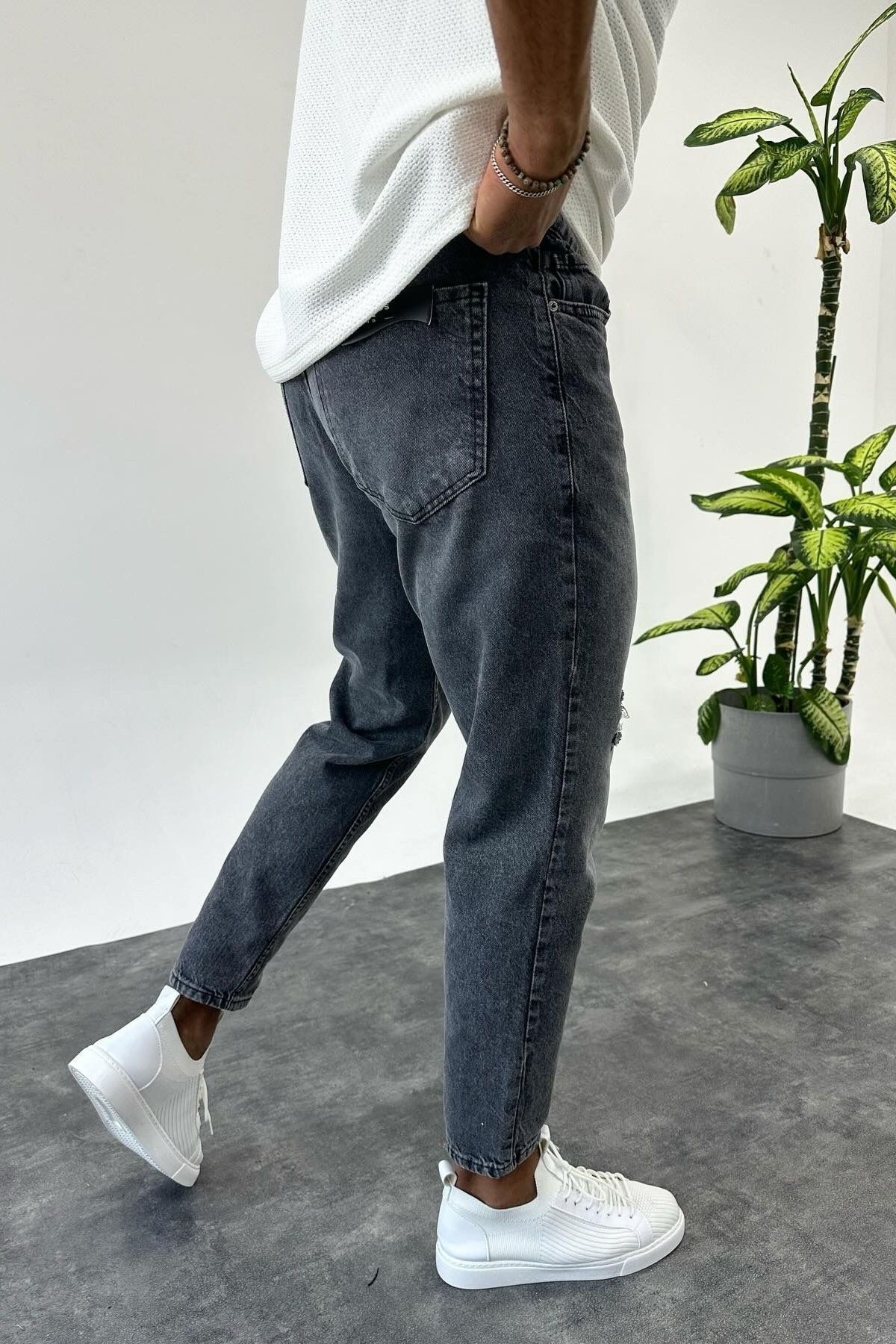 MADZEYMODA-Boyfriend pánské roztrhané detailní kouřové džíny Jeans 3