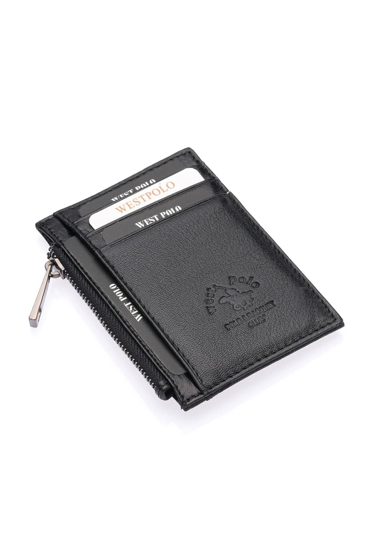 Westpolo Unisex Siyah Hakiki Deri Fermuarlı Bozuk Para Bölmeli Kartlık