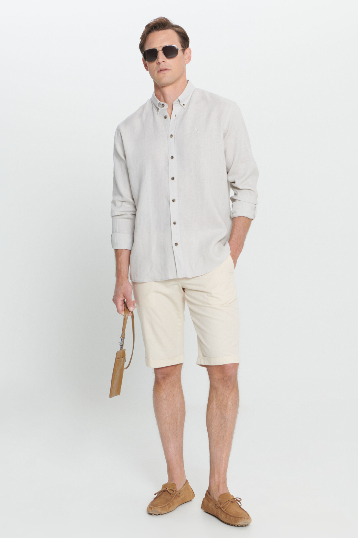 Erkek Ekru Slim Fit Dar Kesim %100 Pamuk Yan Cep Şort