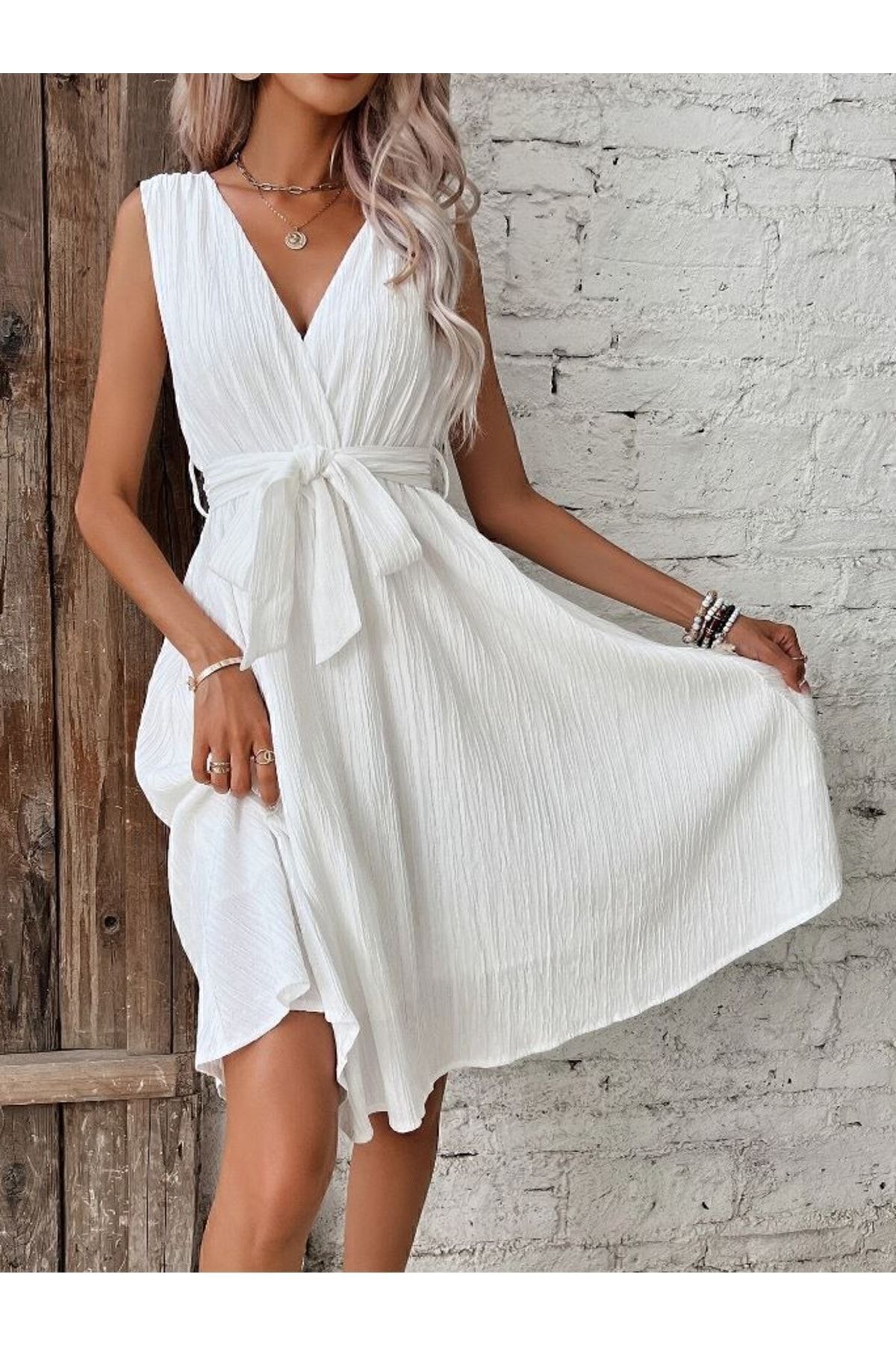 ASIA GİYİM-Women's Belted White A-line Dress 2