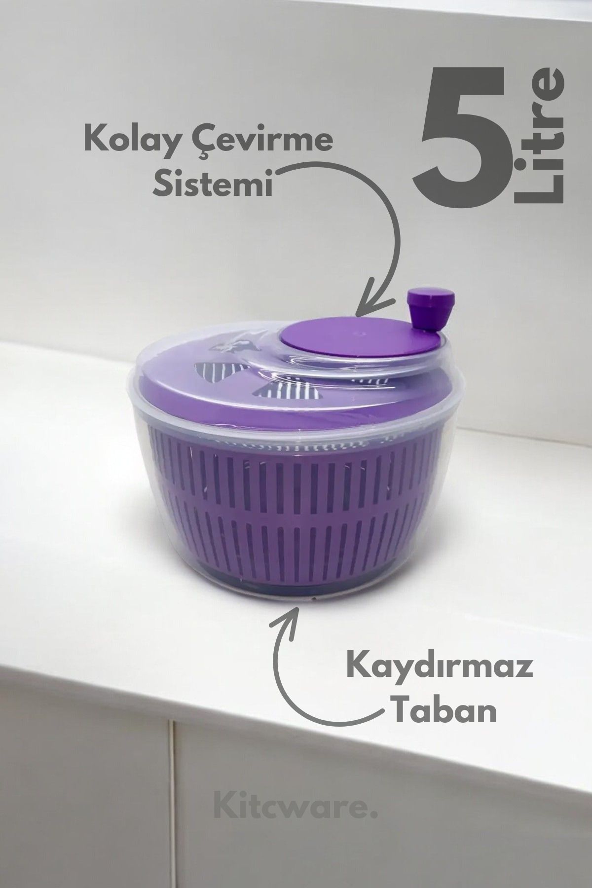 Kitcware Salata Kurutucu, Salata ve Sebze Kurutucu, Pratik Hızlı Kurutucu, Büyük Boy - 5 Litre