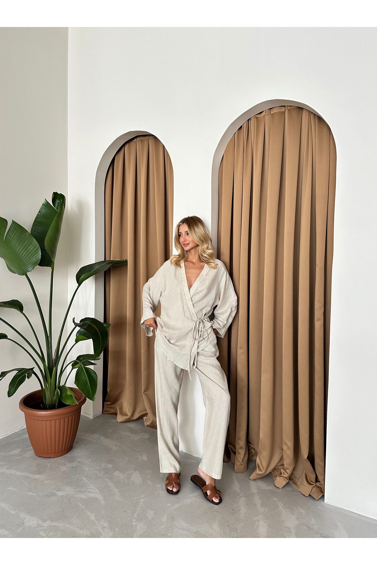 Laluvia-Komplet lniany Kimono - Naturalny, Szczegółowy i Wiązany z Boku 7