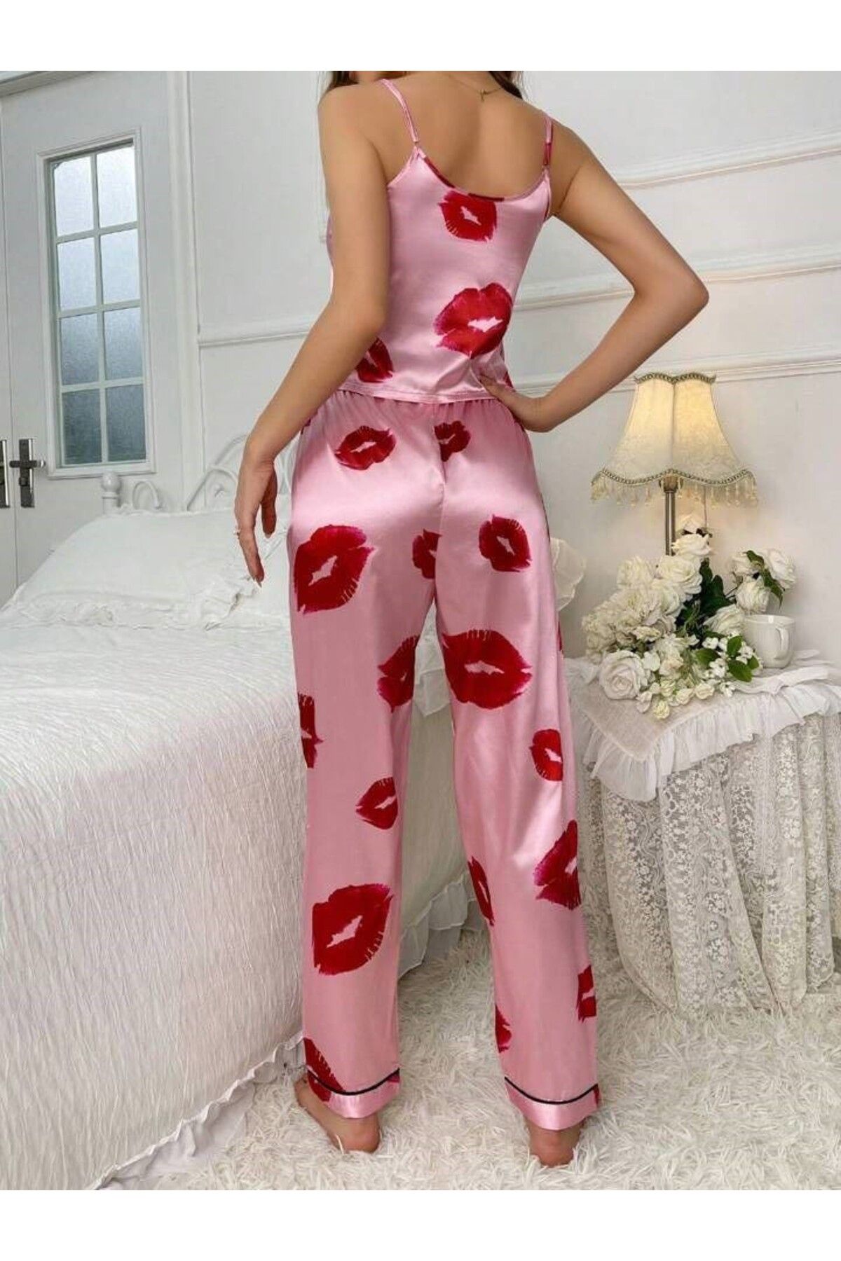 Cesur-Satin Women's Long Pajama Set - Pink with Kissed Straps 2